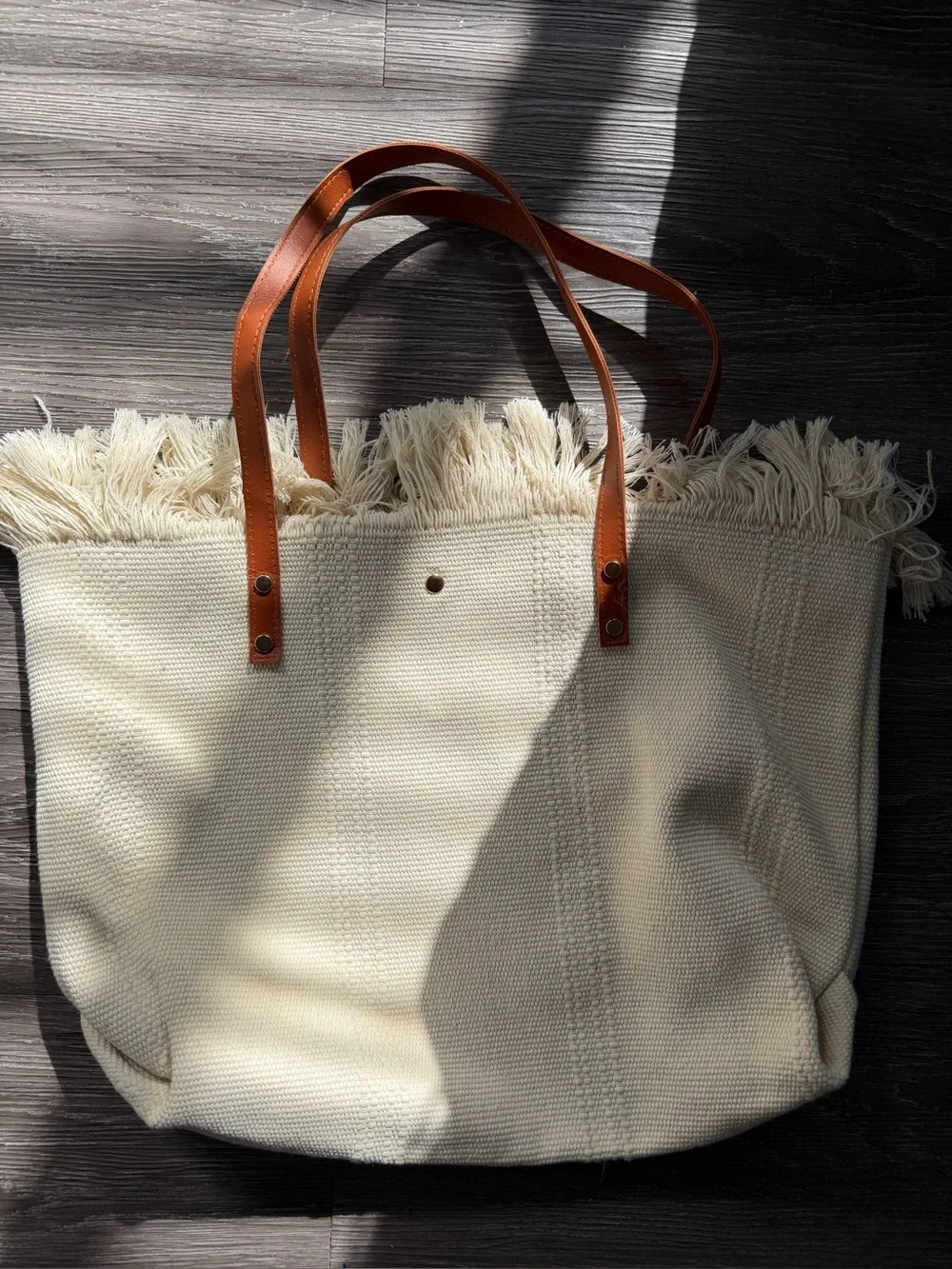 Summer Vibes Canvas Tote Bag with Leather Handles - Cream & Blue